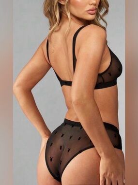 PLAYBOY Black Mesh Bra & Panty Set- Size XL NWT